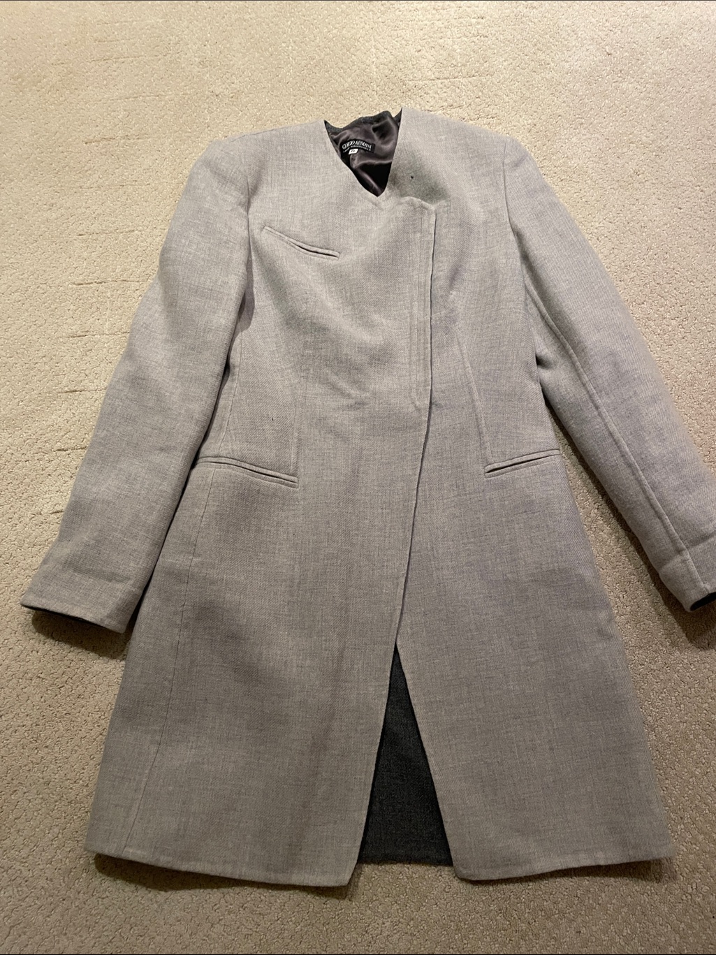 Giorgio Armani Black Label Light Grey Collarless Long Trench Coat